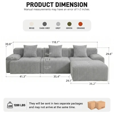 Modern Modular Compressed Sofa with Movable Ottoman, 118"L x 39.5"W x 29.5"H, Light Gray