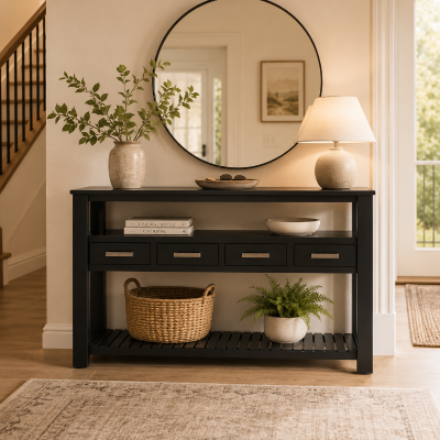 Large Entryway Console with 4 Drawers and 3-Tier Shelves, Sturdy Table with Metal Handlesand Adjustable Feet, 62'' L x 14'' W x 32'' H, Black
