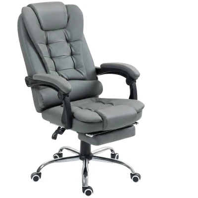 HOMCOM High Back Office Chair PU Leather Executive Office Chair with Retractable Footrest Padded Armrest Grey