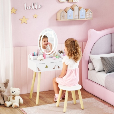 Qaba Kids Vanity Set with Mirror, Stool, 3-Colour LED Lights, Girls Dressing Table Pretend Play for Kids Room, Pink