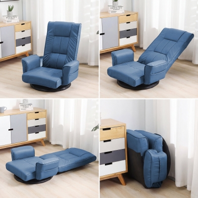 14-Angle Swivel Floor Chair with Foldable Design and Breatherable Faux Leather, 29"L x 19.5"W x 30.5"H, Blue