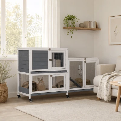 PawHut Wooden Rabbit Hutch, Elevated Pet House 57.75" Gray