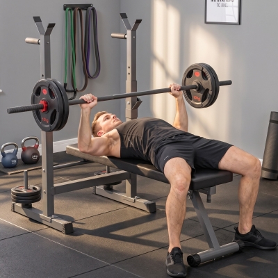 Soozier Adjustable Weight Bench, Foldable Bench Press with Barbell Rack and Dip Station for Home Gym, Strength Training Multiuse Workout Bench, Black and Grey
