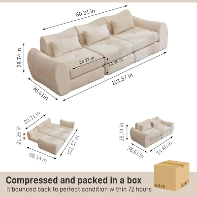Cozy Compressed Sofa with Customizable Modular Layouts, 101.5"L x 36.5"W x 28.5"H, Beige