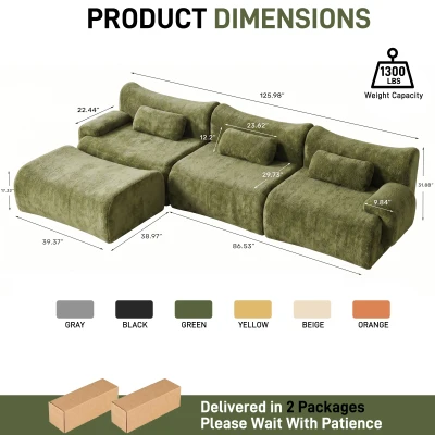L-Shaped Compressed Sofa with High-Density Chenille Fabric and Supportive Backrests, 126"L x 68.5"W x 32"H, Green