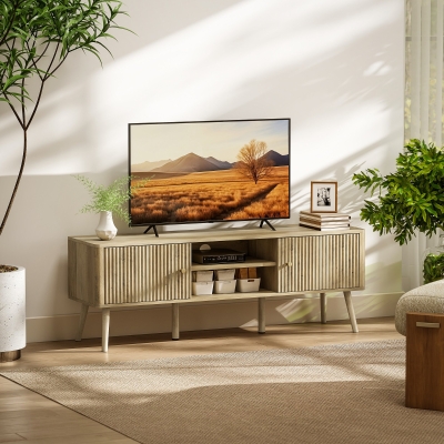 HOMCOM TV Stand for 65 Inch Television, Entertainment Center with Adjustable Shelves and Pine Wood Legs for Living Room, Oak