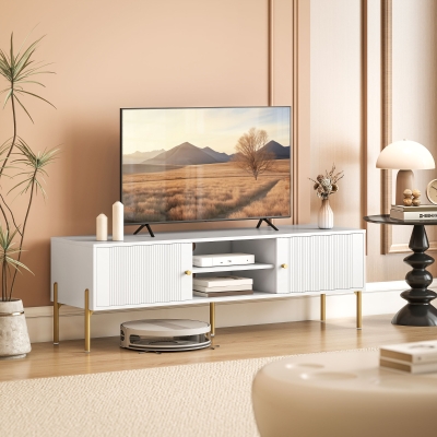 HOMCOM TV Stand for TVs up to 65", Entertainment Center with 2 Open Shelves, 2 Cabinets and Steel Legs for Living Room, White