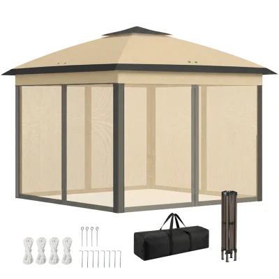 Outsunny 11' x 11' Pop Up Gazebo, Double Roof Foldable Height Adjustable Canopy Tent with Mesh Sidewalls, Carrying Bag, Beige
