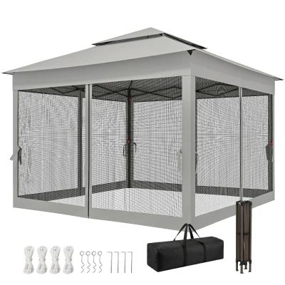 Outsunny 11' x 11' Pop Up Gazebo 2-Tier Soft Top Shelter Event Tent w/ Netting Carry Bag for Patio Backyard Garden, Light Grey