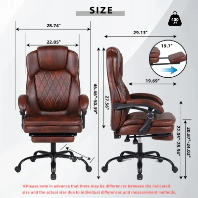 Solid Office Chair with Retractable Footrest and Ergonomic Support, 28.5"L x 29"W x 50.5"H, Brown