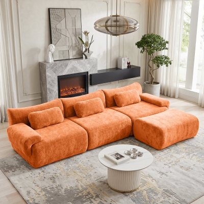 L-Shaped Compressed Sofa with High-Density Chenille Fabric and Supportive Backrests, 126"L x 68.5"W x 32"H, Orange