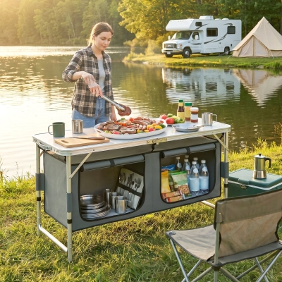 Outsunny Outdoor Aluminum Folding Picnic Table Height Adjustable with Storage Organizer BBQ Camping
