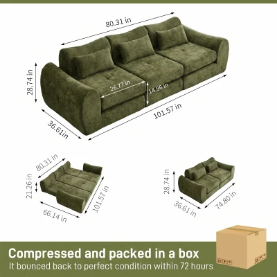 Cozy Compressed Sofa with Customizable Modular Layouts, 101.5"L x 36.5"W x 28.5"H, Green