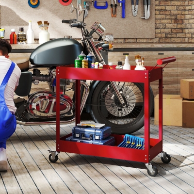 DURHAND Rolling Tool Cart, 2 Tier Mobile Service Utility Cart with Wheels, Red