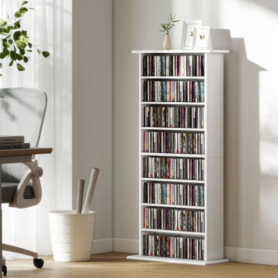 HOMCOM 8-Tier DVD Shelf with 6 Adjustable Shelves, Slim CD Shelf, Holds 360 CDs, 185 DVDs or 185 Blu-rays, White