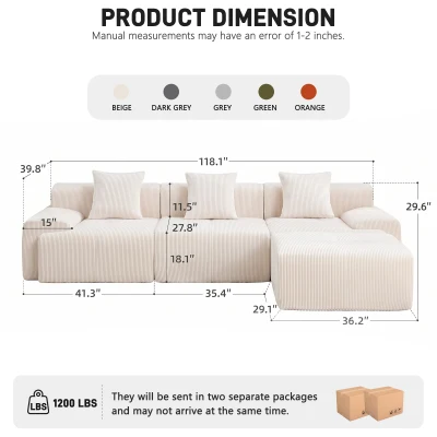 Modern Modular Compressed Sofa with Movable Ottoman, 118"L x 39.5"W x 29.5"H, Beige