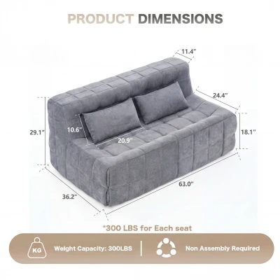 Cozy Modular Accent Chair with High-Resilience Sponge, 63"L x 36"W x 29"H, Gray