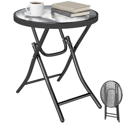 Outsunny Φ18" Round Patio Table, Folding Coffee Table with Tempered Glass Tabletop for Patio, Balcony, Backyard