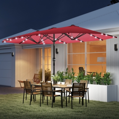 Outsunny 173.2" Double-Sided Sun Umbrella Garden Parasol Patio Sun Shade Outdoor with LED Solar Light, No Base Included, Wine Red