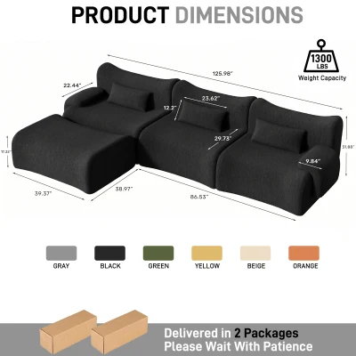 L-Shaped Compressed Sofa with High-Density Chenille Fabric and Supportive Backrests, 126"L x 68.5"W x 32"H, Black