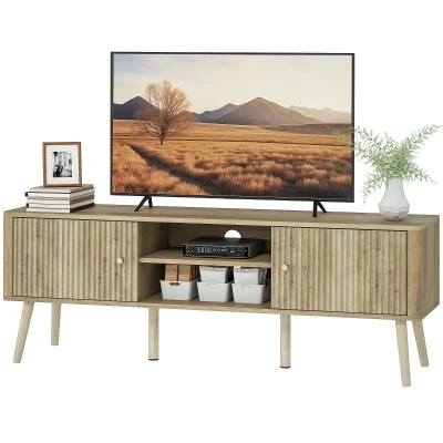 HOMCOM TV Stand for 65 Inch Television, Entertainment Center with Adjustable Shelves and Pine Wood Legs for Living Room, Oak