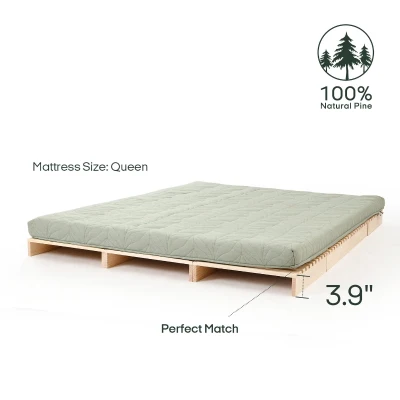 Minimalist Solid Wood Modular Bed Frame with Slatted Support, 203L x 203W x 10H cm, Wooden