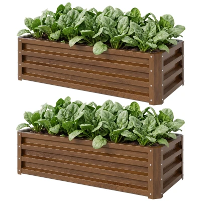 Outsunny Galvanized Raised Garden Beds, Outdoor Planter Box, Set of 2, for Flowers, Herbs and Vegetables, Brown Wood Effect