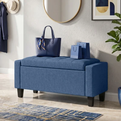 HOMCOM 36.6" Tufted Storage Ottoman Bench with Wooden Legs, Blue