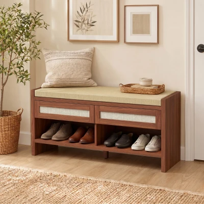 HOMCOM Shoe Bench with Cushion, 2 Rattan Drawers & Shelf, Brown