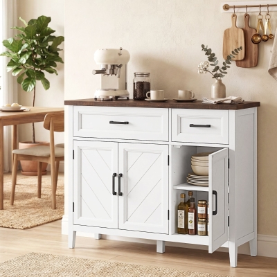 HOMCOM Sideboard Buffet Cabinet, 44" Farmhouse Kitchen Cabinet with 3 Chevron Doors, 2 Drawers and 2 Adjustable Shelves, White
