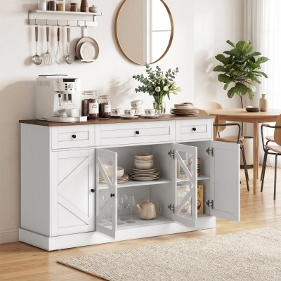 HOMCOM Sideboard Buffet Cabinet, 54" Farmhouse Kitchen Storage Cabinet with Acrylic Barn Doors and 3 Drawers, White Wood Grain