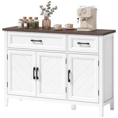 HOMCOM Sideboard Buffet Cabinet, 44" Farmhouse Kitchen Cabinet with 3 Chevron Doors, 2 Drawers and 2 Adjustable Shelves, White