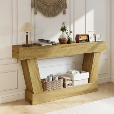 HOMCOM 63" Vintage Console Table with Open Shelf, Oak