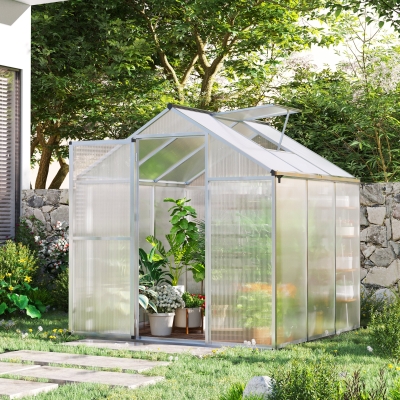 Outsunny Polycarbonate Greenhouse with Slide Door, Walk-in Outdoor Warm House for Plants Flower Growth, Clear