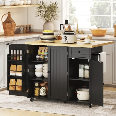 HOMCOM Kitchen Island Cart, Rolling Kitchen Island Table with Drop Leaf, Drawer, Spice and Towel Rack, Black