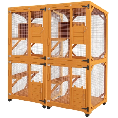 PawHut 2PC Wooden Catio with Waterproof Roof & Wheels, Orange