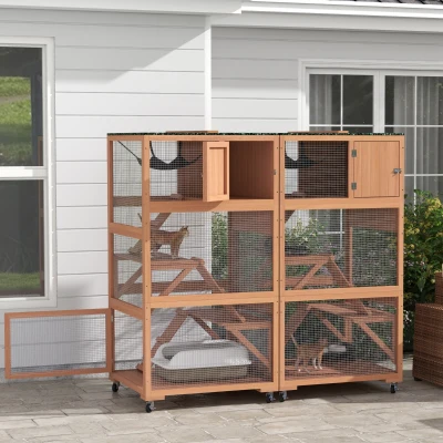 PawHut 2pc Wooden Catio Cat House with Hammock, Wheels, Roof