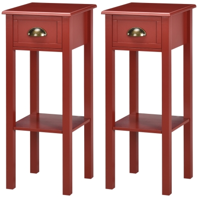 HOMCOM 2-Tier Nightstand Set, Drawer & Shelf, Red, 2-Piece