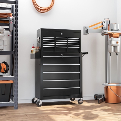 HOMCOM 14 Drawer Rolling Tool Chest, Lockable Tool Storage Cabinet with Detachable Top Toolbox, Protective Liner, Black
