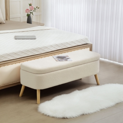 HOMCOM 47 Inches Storage Ottoman Bench, End of Bed Bench, Upholstered Teddy Fleece Storage Chest for Living Room, Beige