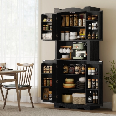 HOMCOM 73" Kitchen Pantry Cabinet, Freestanding Kitchen Hutch with 12 Door Shelves, Adjustable Shelves, Microwave Stand, Black