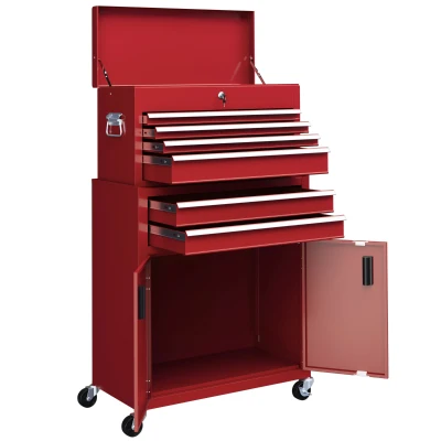 HOMCOM 6-Drawer Rolling Tool Chest, 2 in 1 Lockable Storage Cabinet with Hooks, Metal Tool Box for Garage, Workshop, Red