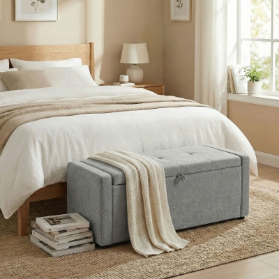 HOMCOM Storage Ottoman Bench, Linen-Look Fabric Upholstered Ottoman with Storage, Wide Padded Seat, Light Grey