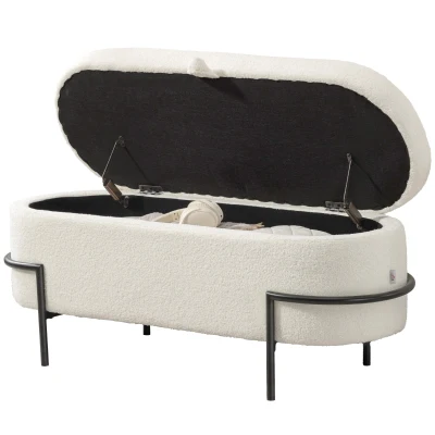 HOMCOM Storage Ottoman with Lift-Up Lid and Steel Legs, 45 Inches Sherpa Fleece Storage Chest for Living Room, Cream White