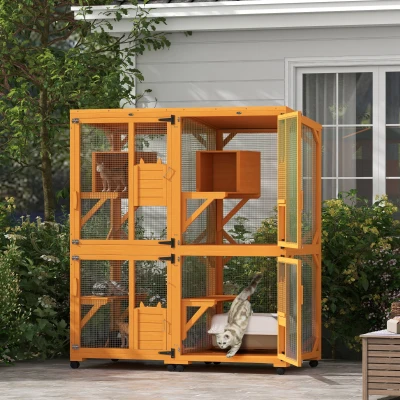 PawHut 2PC Wooden Catio with Waterproof Roof & Wheels, Orange