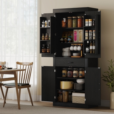 HOMCOM 72" Kitchen Pantry Cabinet, Farmhouse Kitchen Storage Cabinet with 4 Barn Doors, 6 Door Shelves, Drawer, Black