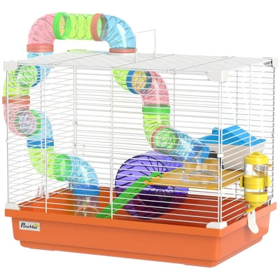 PawHut 18"L Hamster Cage, Small Animal House, 2-Level Rat Gerbil Haven with Tunnel Tube System, Orange