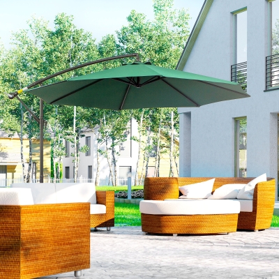 Outsunny 9.7ft Offset Patio UmbrellaCantilever Parasol with Crank Handle, 8 Ribs and Cross Base for Outdoor, Sun Shade, Green