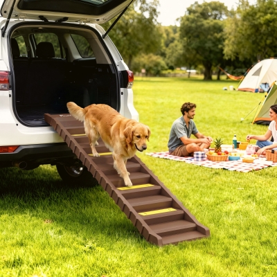 PawHut Foldable Dog Car Ramp, Dog Ramp with Anti-Slip Steps, Pet Stairs for Senior Pets to Access Cars and High Beds, Brown