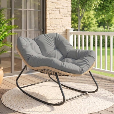 Outsunny Indoor Outdoor Papasan Rocking Chair, Oversized Rocking Egg Chair with Cushion for Garden, Patio, Grey